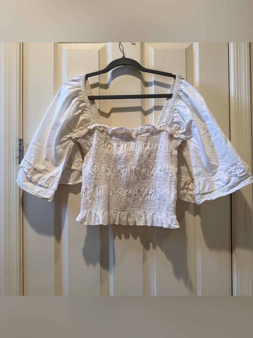 Free People | White Smocked Square-Neck Puff Sleeve Crop Top | Women’s L